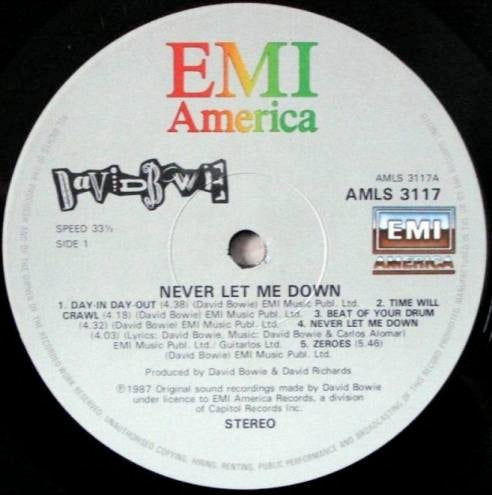 Image of Label Cover of LP - VG/VG - DAVID BOWIE, Never Let Me Down  (EMI America ; AMLS 3117, UK 1987, Inner), ,  - 3626037E