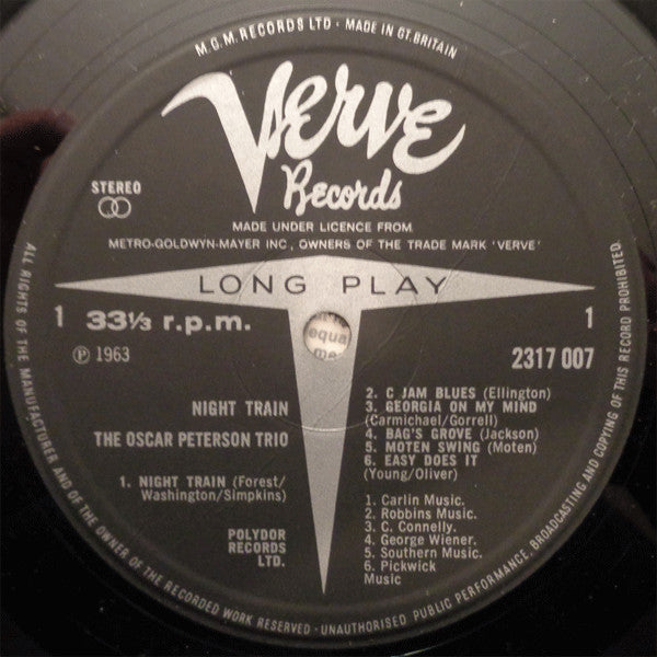 Image of Label Cover of LP - VG/VG - OSCAR PETERSON TRIO, Night Train (Verve; 2317 007, UK 1971 Reissue, Laminated Sleeve, Stereo), Strong VG -  a few hairlines, corner crease,  - 3246013S