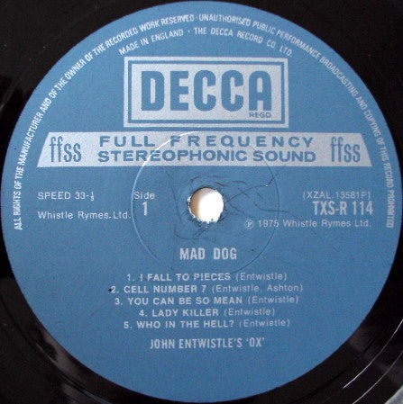 Image of Label Cover of 4624031E: LP - JOHN ENTWISTLE'S OX, Mad Dog (Decca; TXS R 114, UK 1975, Insert, Poster)   VG+/VG