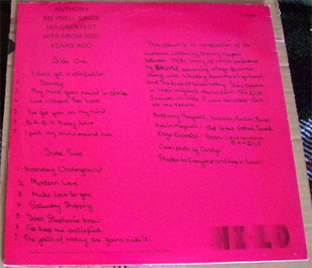 Image of Back Cover of LP - G/VG - ANTHONY MEYNELL , Hits From 3000 Years Ago (Hi-Lo Records; LO 001, UK 1981), Sticker Damage To Sleeve, Split Seams And Spine, Ring Wear,  - 2226240E