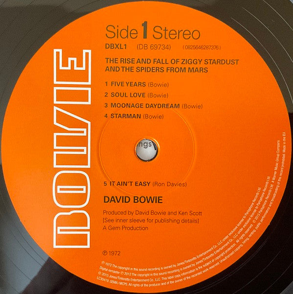 Image of Label Cover of LP - NEW/NEW - DAVID BOWIE, The Rise And Fall Of Ziggy Stardust And The Spiders From Mars (Parlophone; DB69734, Europe 2020 Reissue, Inner, 180 Gram Vinyl), , Originally released through RCA Victor on 6th June 1972, 'Ziggy Stardust' was David Bowie's fifth album, co-produced by Bowie and Ken Scott. Incredibly, the album was written whilst Bowie was recording 1971's 'Hunky Dory' album, with recording beginning a couple of months before that album's release. It was recorded at Trident 