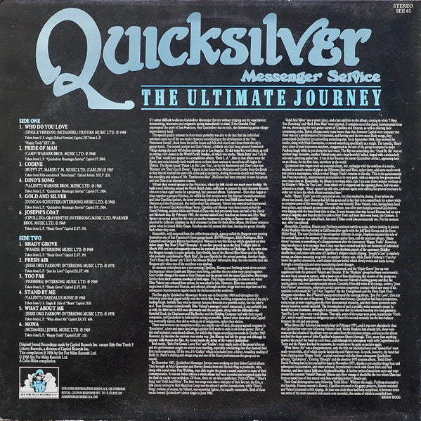 Image of Back Cover of LP - VG+/VG+ - QUICKSILVER MESSENGER SERVICE, The Ultimate Journey (See 4 Miles; SEE61, UK 1986), ,  - 3026078E