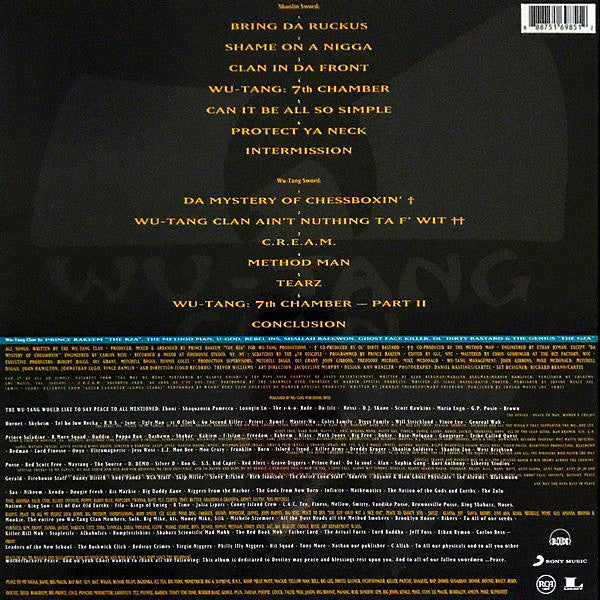 Image of Back Cover of LP - NEW/NEW - THE WU-TANG CLAN, Enter The Wu-Tang (36 Chambers) (Legacy Vinyl; 88875169851, Europe 2016 Reissue, 180 Gram Vinyl), , One of the most influential rap albums of the '90s. Its spare yet atmospheric production - courtesy of RZA - mapped out the sonic blueprint that countless other hardcore rappers would follow for years to come. It laid the groundwork for the rebirth of New York hip-hop in the hardcore age. Moreover, it introduced a colorful cast of hugely talented MCs, so