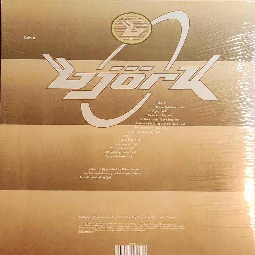 Image of Back Cover of LP - NEW/NEW - BJORK, Debut (One Little Independent; TPLP31, Europe 2021 Reissue, Black Inner), , Bj rk's album "Debut" is a classic of alternative and electronic music. Released in 1993, the album marks the Icelandic singer's official solo debut and features a mix of electronic, dance, and pop music. The album's lead single, "Human Behaviour," is a standout track that combines electronic beats with Bj rk's distinctive, otherworldly vocals. Other standout tracks on the album include "