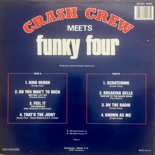 Image of Back Cover of 0844308S: LP - THE CRASH CREW / FUNKY FOUR, Crash Crew Meets Funky Four (Vogue; 540065, France 1983, Picture Sleeve, Company Inner) Sleeve has heavy wear, with parts of back art torn, but fully intact. A few light marks to disc only. Split company inner.  G/VG