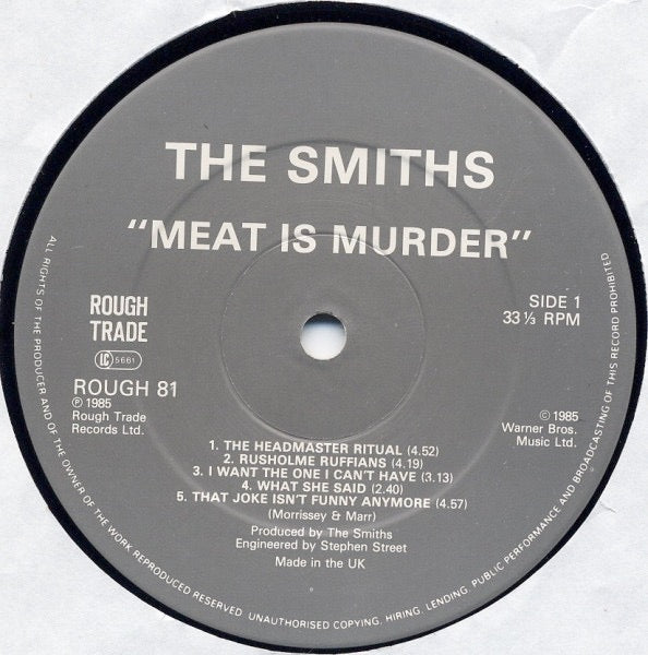 Image of Label Cover of LP - VG/F - THE SMITHS, Meat Is Murder (Rough Trade; ROUGH 81, UK 1985, Inner, CBS Pressing, < Run Out), ,  - 3326212E