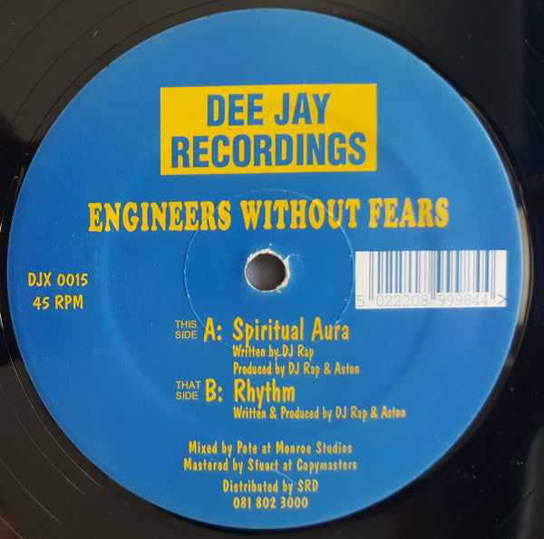 Image of Front Cover of 12" - /VG - ENGINEERS WITHOUT FEARS (DJ RAP & ASTON), Spiritual Aura / Rhythm (Dee Jay Recordings; DJX 0015, UK 1994, Plain Sleeve), Strong VG, light marks only,  - 3226107E