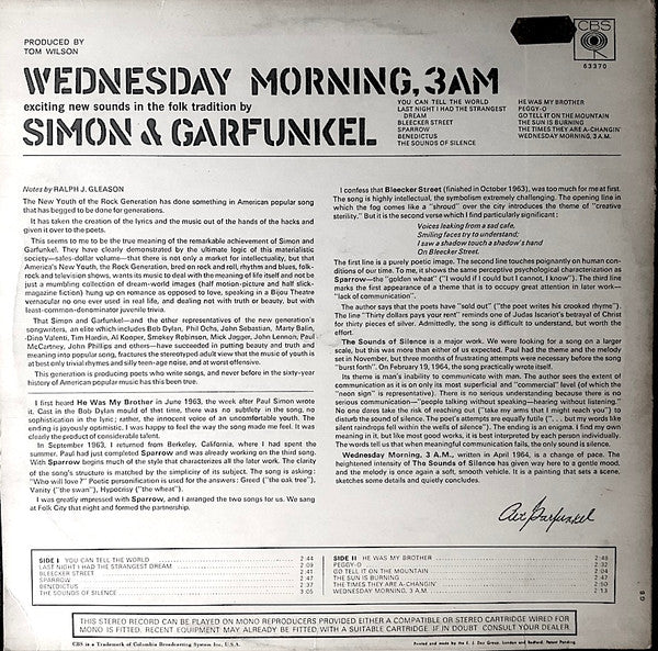 Image of Back Cover of LP - VG/VG - SIMON AND GARFUNKEL, Wednesday Morning, 3am (CBS Orange (33 1/3 On Label); 63370, UK 1960s Reissue, Non-Flipback Laminated Front Sleeve), ,  - 1746157S