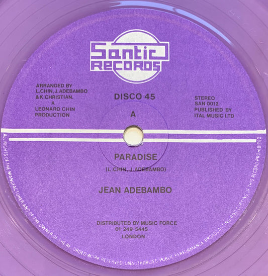 Image of Front Cover of 12" - /VG+ - JEAN ADEBAMBO, Paradise (Santic; SAN 0012, UK , Purple Vinyl), clear purple vinyl,  - 3046036S