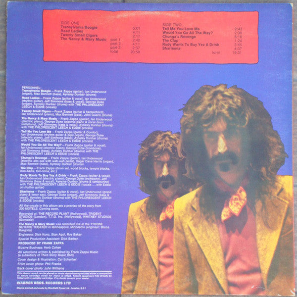 Image of Back Cover of LP - VG/VG+ - FRANK ZAPPA, Chunga's Revenge (Reprise Tan, Orange r: Warners On Rim; RSLP2030, UK 1970s Reissue, Red Gatefold), ,  - 4046221S