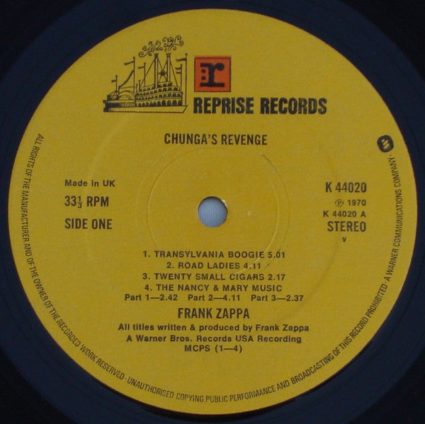 Image of Label Cover of LP - VG/VG+ - FRANK ZAPPA, Chunga's Revenge (Reprise Tan, Orange r: Warners On Rim; RSLP2030, UK 1970s Reissue, Red Gatefold), ,  - 4046221S