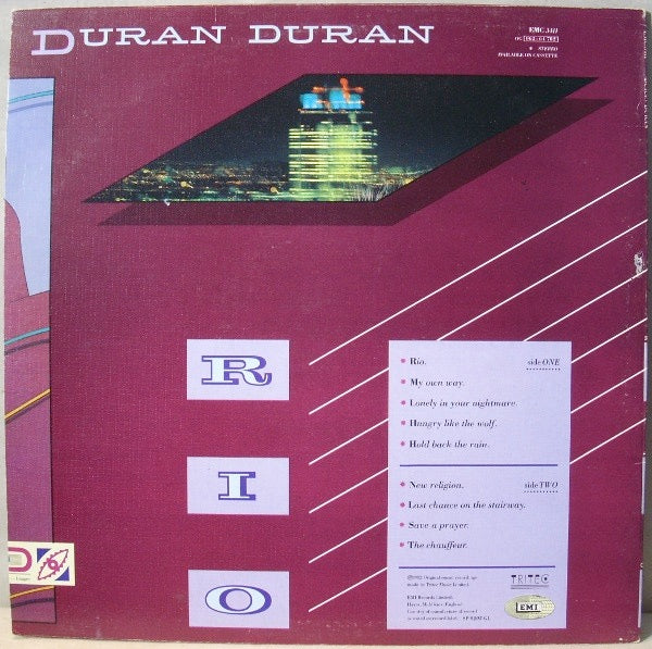 Image of Back Cover of LP - VG/G+ - DURAN DURAN, Rio (EMI; EMC 3411, UK 1982, Textured Sleeve, Inner, "NICKZ" Runout On One Side), ,  - 3816585C