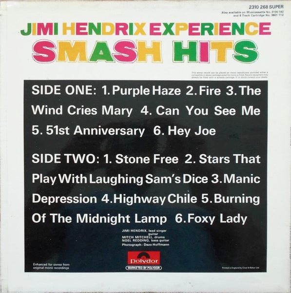 Image of Back Cover of 4745082S: LP - THE JIMI HENDRIX EXPERIENCE, Smash Hits (Polydor; 2310 268, UK 1971 Reissue, Laminated Sleeve, Stereo)   VG/G+