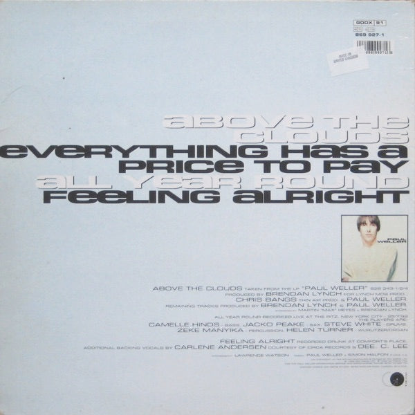 Image of Back Cover of 4925378E: 12" - PAUL WELLER, Above The Clouds (Go! Discs; GODX 91 869 927-1, UK 1992, Picture Sleeve) Cluster of hairlines on side B.  Slight fading to sleeve edges, and ring wear on front.  VG/VG+