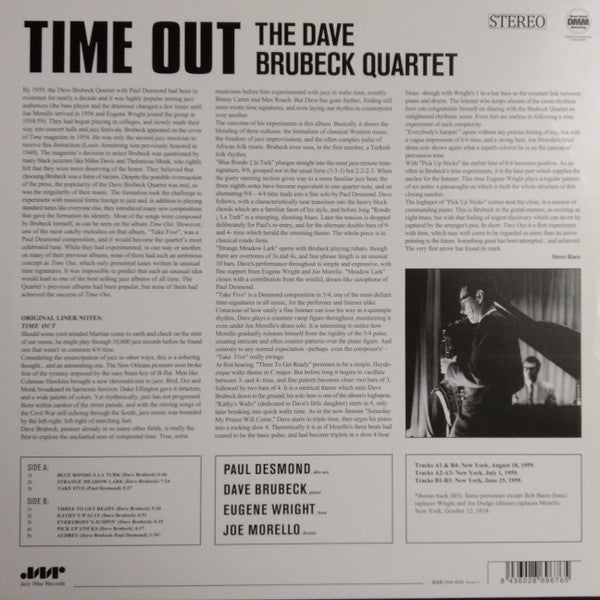 Image of Back Cover of 4924357E: LP - THE DAVE BRUBECK QUARTET, Time Out (Jazz Wax Records; JWR 4525, Europe 2010 Reissue, Picture Sleeve, Limited Edition, Remastered, Stereo, DMM, 180 Gram)   VG+/VG+