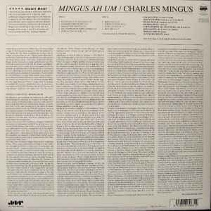 Image of Back Cover of LP - VG+/EX - CHARLES MINGUS, Mingus Ah Um (Jazz Wax Records; JWR 4530, Europe 2009 Reissue), Still in hype stickered shrinkwrap, minor damage to sleeve opening.,  - 2316441C