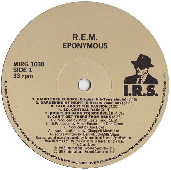 Image of Label Cover of LP - VG+/VG+ - R.E.M., Eponymous (IRS; MIRG 1038, UK 1988, Inner), Fading Down Spine,  - 2526179E