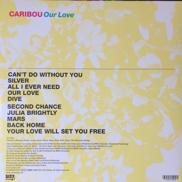 Image of Back Cover of 4924465E: LP - CARIBOU, Our Love (City Slang; SLANG50070LP, UK 2014, Picture Sleeve, Inner, Half-speed mastered, 180-gram vinyl.) Strong VG   conservative grading, light hairlines only. light crease on front cover and light cornerwear.   VG+/VG