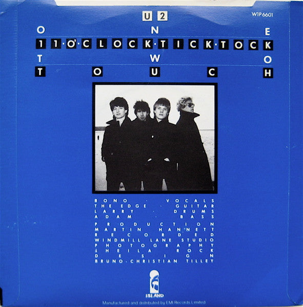 Image of Back Cover of 1124267E: 7" - U2, 11 O'Clock Tick Tock / Touch (Island; WIP6601, UK 1980, Picture Sleeve, Push Out Centre, U-2 Band Name on Label) Water Damage To Sleeve, Ring Wear And Other Wear To Sleeve  G+/VG+