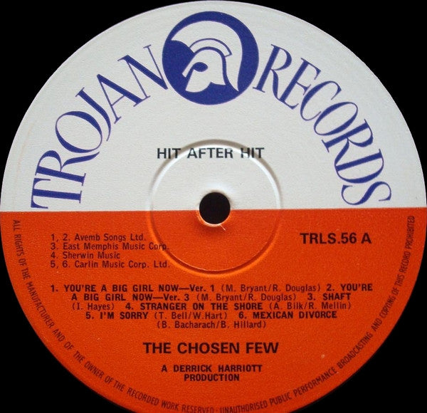 Image of Label Cover of LP - F/G+ - THE CHOSEN FEW, Hit After Hit (Trojan Records; TRLS 56, UK 1973), Marks and scuffs, plays above grade. Large tear on sleeve, splits, general wear.,  - 2426178E