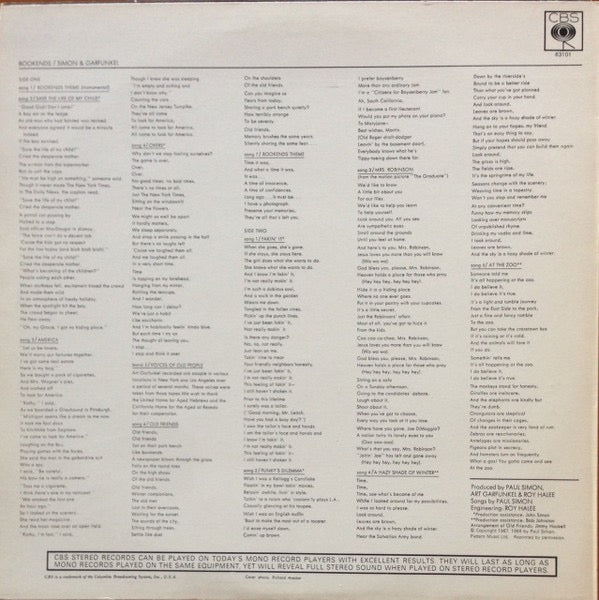 Image of Back Cover of LP - VG+/VG+ - SIMON AND GARFUNKEL, Bookends (CBS Orange/Yellow; 63101, UK 1970s Reissue, Non-Laminated Sleeve, Stereo), ,  - 3816587C