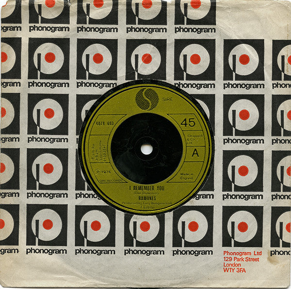 Image of Front Cover of 7" - VG/G - RAMONES, I Remember You (Sire Golden Injection Labels; 6078 603, UK 1977, Company Sleeve), Looks worse than it plays, Some nasty looing surface marks and a spot of fogging but plays VG, Clean phonogram sleeve,  - 3516105C