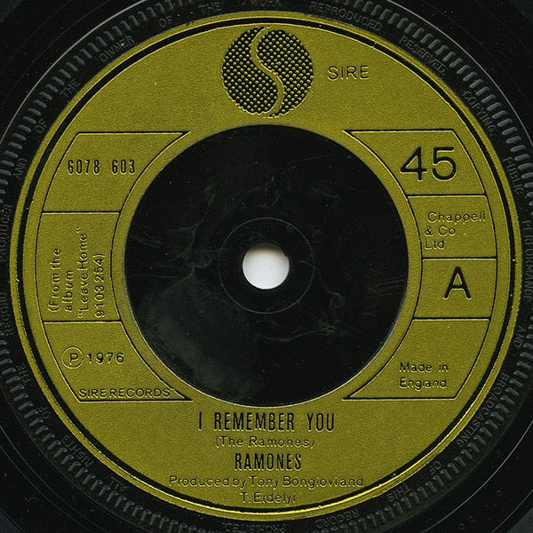 Image of Label Cover of 7" - VG/G - RAMONES, I Remember You (Sire Golden Injection Labels; 6078 603, UK 1977, Company Sleeve), Looks worse than it plays, Some nasty looing surface marks and a spot of fogging but plays VG, Clean phonogram sleeve,  - 3516105C