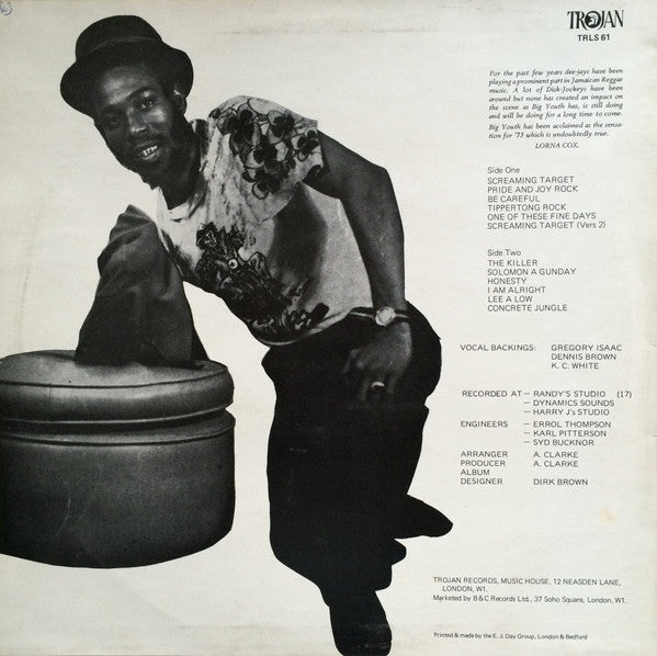 Image of Back Cover of LP - VG+/VG - BIG YOUTH, Screaming Target (Trojan Records; TRLS 61, UK 1980s Reissue), Weak looking VG, plays fine. Nice sleeve.,  - 1046166S