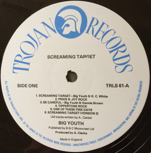 Image of Label Cover of LP - VG+/VG - BIG YOUTH, Screaming Target (Trojan Records; TRLS 61, UK 1980s Reissue), Weak looking VG, plays fine. Nice sleeve.,  - 1046166S