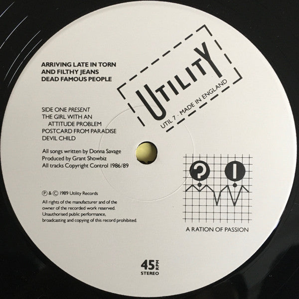 Image of Label Cover of 0325047E: LP - DEAD FAMOUS PEOPLE, Arriving Late In Torn And Filthy Jeans  (Utility; UTIL 7, UK 1989, Insert)   VG+/VG+