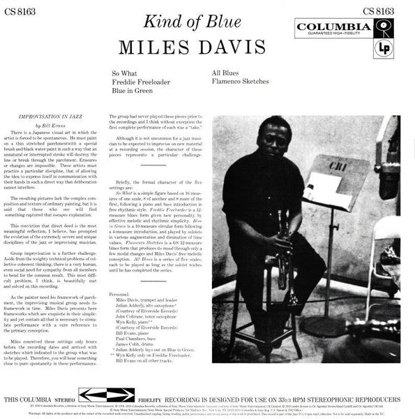 Image of Back Cover of LP - VG/G+ - MILES DAVIS, Kind of Blue (DeAgostini / Columbia; CS 8163, UK 2016 Reissue, Booklet, 180 Gram Vinyl, Stereo), Compression/storage marks.,  - 4316767C