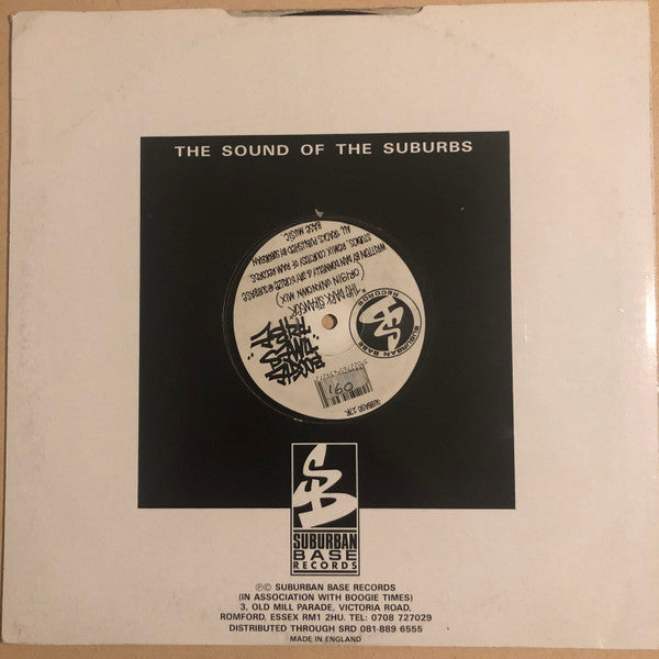 Image of Back Cover of 12" - VG/G - BOOGIE TIMES TRIBE, The Dark Stranger / Real Hardcore (Remixes) (Suburban Base Records; SUBBASE 27R, UK 1993, Stickered Company Sleeve), Light marks only, but disc has a warp, plays ok though. WOL.,  - 2826253E