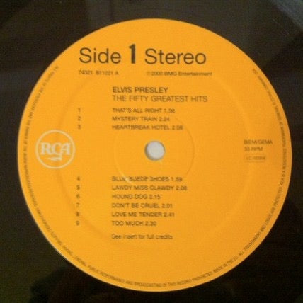 Image of Label Cover of 3xLP - VG/VG - ELVIS PRESLEY, The 50 Greatest Hits (RCA; 74321 811021, Europe 2000, Stickered Plastic Sleeve, Insert), One gold hype sticker only.,  - 2516458C