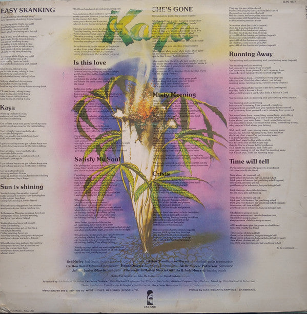 Image of Back Cover of 4644074S: LP - BOB MARLEY AND THE WAILERS, Kaya (Tuff Gong / Island; ILPS 9517, Barbados 1978)   VG/VG+