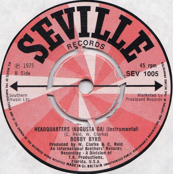 Image of Back Cover of 7" - /VG - BOBBY BYRD, Headquarters (Augusta Ga) (Seville Records; SEV 1005, UK 1975, Promo, 4-Prong Centre), Light marks.,  - 2626050E