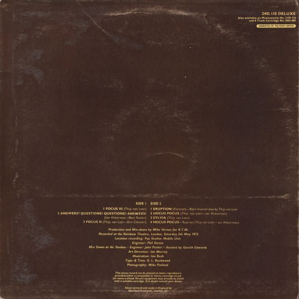 Image of Back Cover of LP - VG/VG+ - FOCUS, At The Rainbow (Polydor Red Label; 2442118, UK 1973, Fold Out Slv), ,  - 2326280E