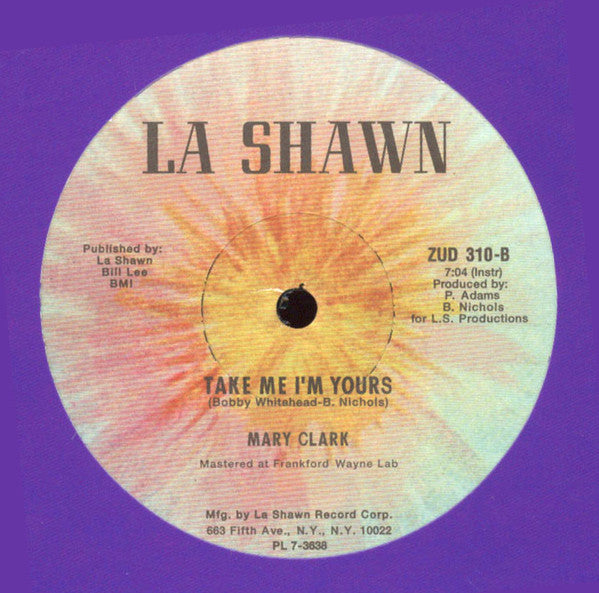 Image of Label Cover of 12" - VG+/VG+ - MARY CLARK, Take Me I'm Yours (La Shawn / P&P ; ZUD310-12, US 2016 Reissue, Stickered Company Sleeve), ,  - 2446006S