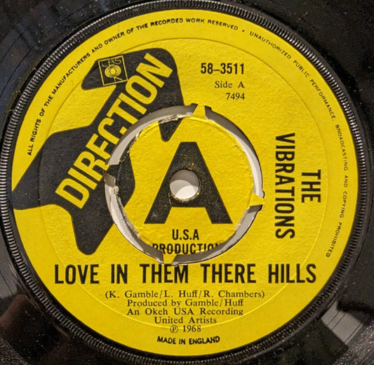 Image of Front Cover of 7" - /G - THE VIBRATIONS, Love In Them There Hills / Remember The Rain (Direction; 58-3511, UK 1968), Lots of marks but plays better than it looks. Centre missing and sticker on label,  - 0716288C