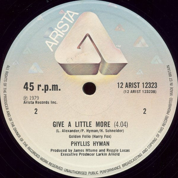 Image of Label Cover of 12" - /VG - PHYLLIS HYMAN, You Know How To Love Me / Give A Little More (Arista; 12 ARIST 12323, UK 1979), Strong VG,  - 4346039S
