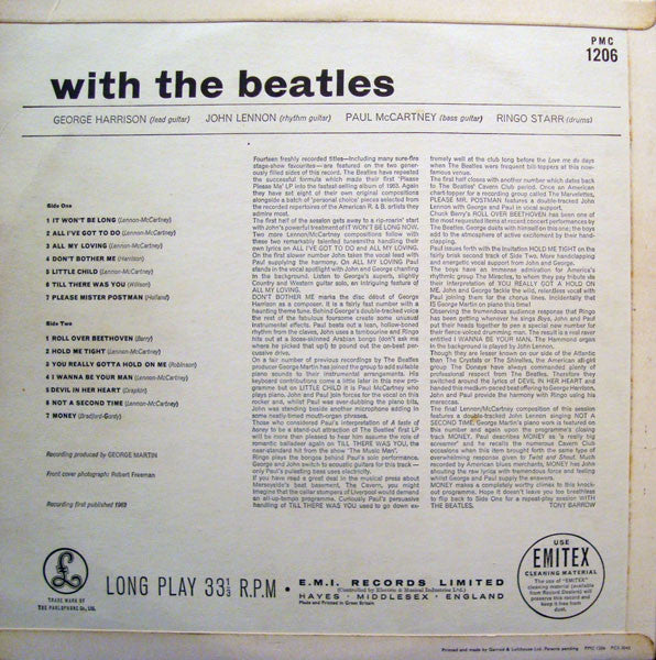 Image of Back Cover of 4244198S: LP - THE BEATLES, With The Beatles (Parlophone Black/Yellow; PMC 1206, UK 1963, Laminated G&L Flipback Sleeve, Mono, Dominion/Belinda Publishing Credit ,'You Really Gotta Hold On Me' track listed on Sleeve, 'Got a' on Label, K/T Tax Code) Cover intact with ring wear and marks on back cover. Name written in back corner. Heavy wear on disc with feelable marks.  G+/G