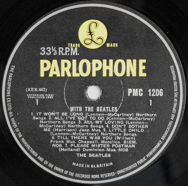 Image of Label Cover of 4244198S: LP - THE BEATLES, With The Beatles (Parlophone Black/Yellow; PMC 1206, UK 1963, Laminated G&L Flipback Sleeve, Mono, Dominion/Belinda Publishing Credit ,'You Really Gotta Hold On Me' track listed on Sleeve, 'Got a' on Label, K/T Tax Code) Cover intact with ring wear and marks on back cover. Name written in back corner. Heavy wear on disc with feelable marks.  G+/G