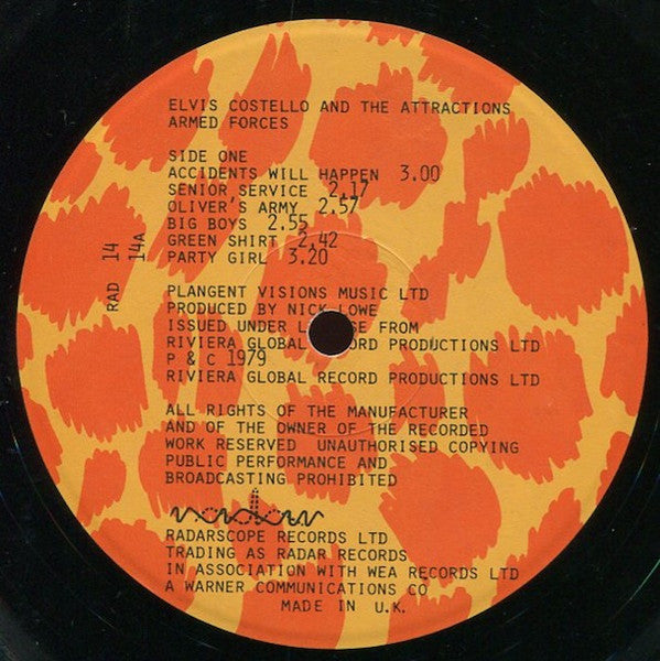 Image of Label Cover of LP - VG+/VG+ - ELVIS COSTELLO AND THE ATTRACTIONS, Armed Forces (Radar Records; RAD 14, UK 1979, Single Sleeve, Inner, No Cards Or 7" With This Version), ,  - 2526368E