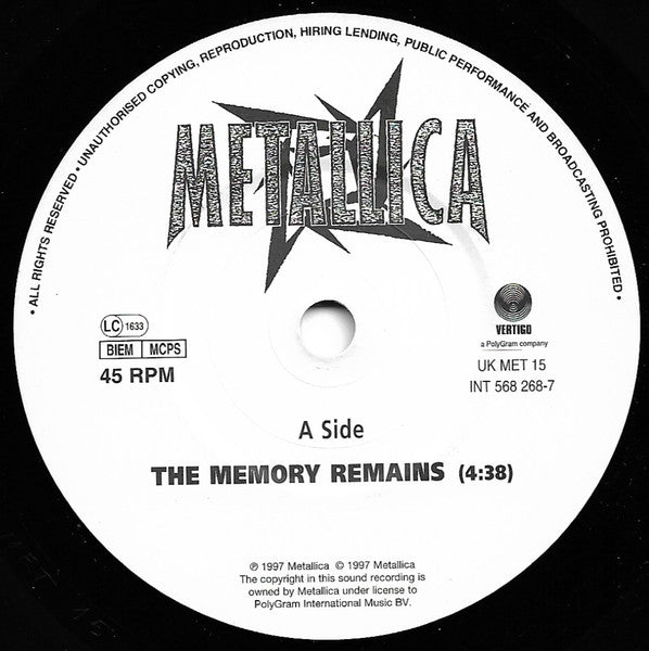 Image of Label Cover of 7" - VG/VG - METALLICA, The Memory Remains (Vertigo; MET 15, UK 1997, Picture Sleeve), ,  - 2956372S