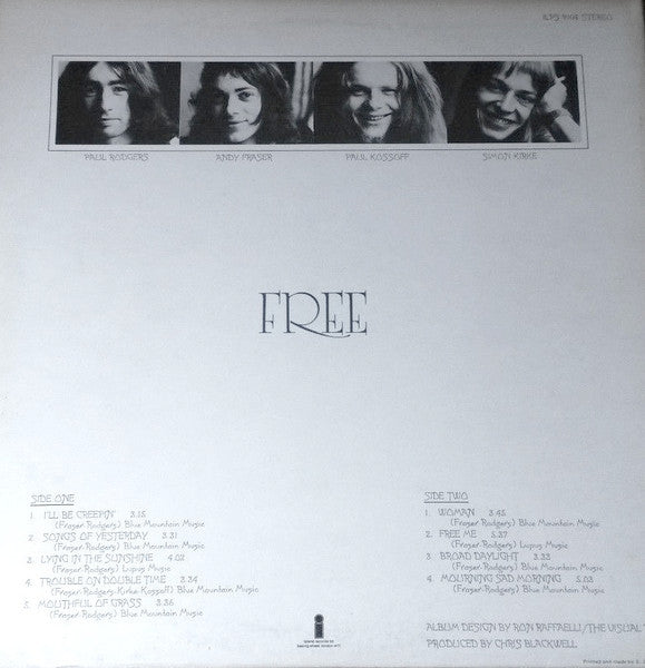 Image of Back Cover of LP - G+/VG - FREE, Free (Island Pink/i logo; ILPS9104, UK 1969, Gatefold, Sleeve Printed and made by E. J. day, London, Chris Blackwell Label Credit Is All Capitals), Sticker Damage To Sleeve, Ring Wear,  - 4326235E