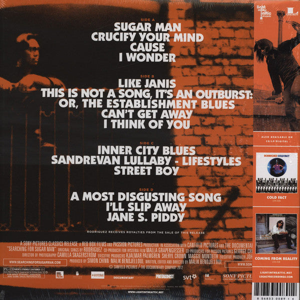 Image of Back Cover of 2xLP - EX/EX - RODRIGUEZ, Searching For Sugar Man - OST (Light In The Attic; LITA089, US 2012, Insert, With Obi), "Academy Award Winner" Obi,  - 2526222E