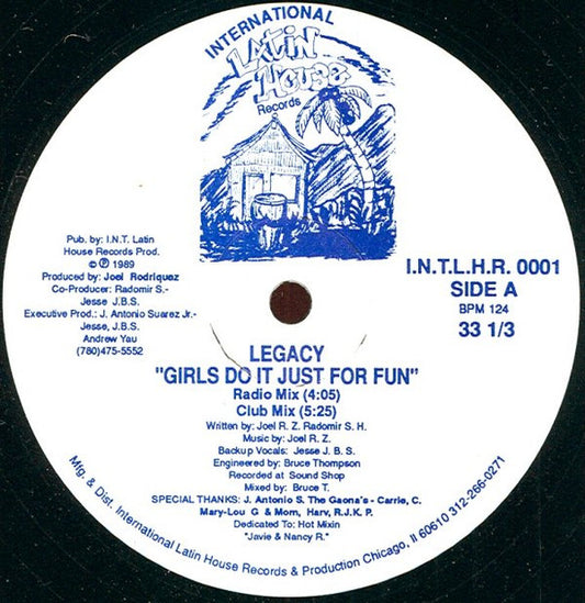 Image of Front Cover of 12" - /VG+ - LEGACY / CODE 3, Girls Do It Just For Fun / Code-Of-Acid (International Latin House Records; I.N.T.L.H.R. 0001, US 1989), ,  - 1546164S
