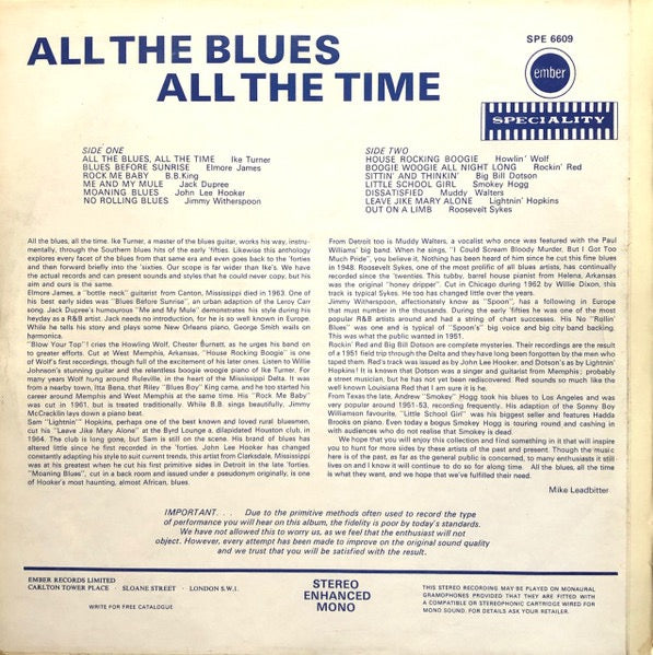Image of Back Cover of LP - VG/VG+ - VARIOUS, All the Blues All the Time (Ember/Specialty; SPE6609, UK 1970, Laminated Front Sleeve), Laminate bubbling along spine.,  - 3116180C