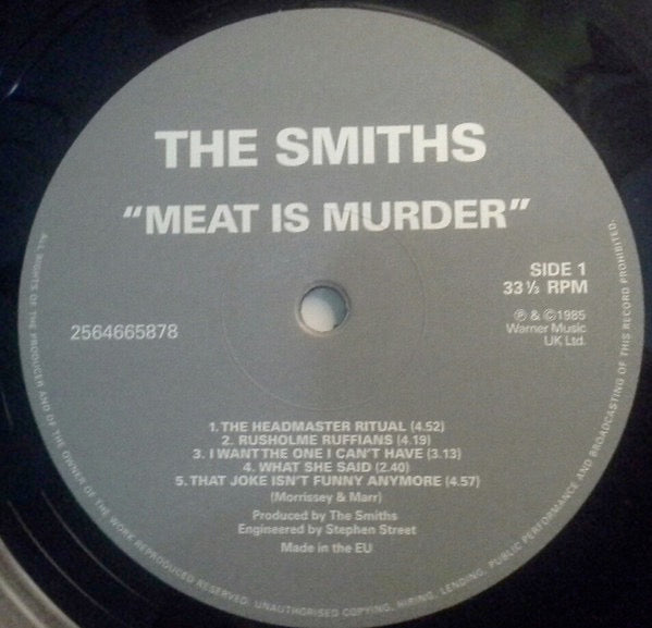 Image of Label Cover of LP - VG/VG - THE SMITHS, Meat is Murder (Rhino; 2564665878, UK 2012 Reissue, Inner, 180 Gram Vinyl), Crease on sleeve. Double bubbly label on one side.Light hairlines.,  - 3726040E