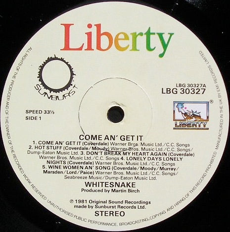 Image of Label Cover of 3245019S: LP - WHITESNAKE, Come An' Get It (Liberty; LBG 30327, UK 1981, Inner) With merch order form, edge wear  VG/VG+
