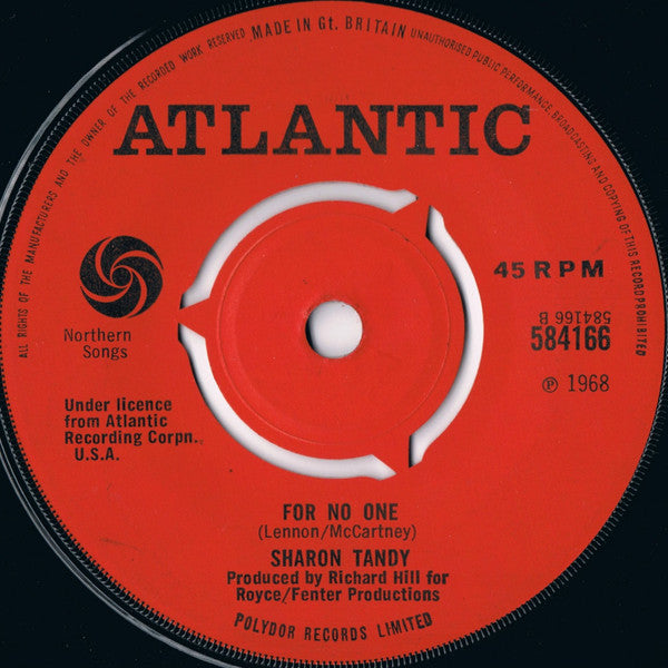 Image of Back Cover of 7" - /VG+ - SHARON TANDY, Fool on the Hill / For No One (Atlantic; 584166, UK 1968), Very Strong VG+, Writing And Sample Sticker on Label,  - 1726313E